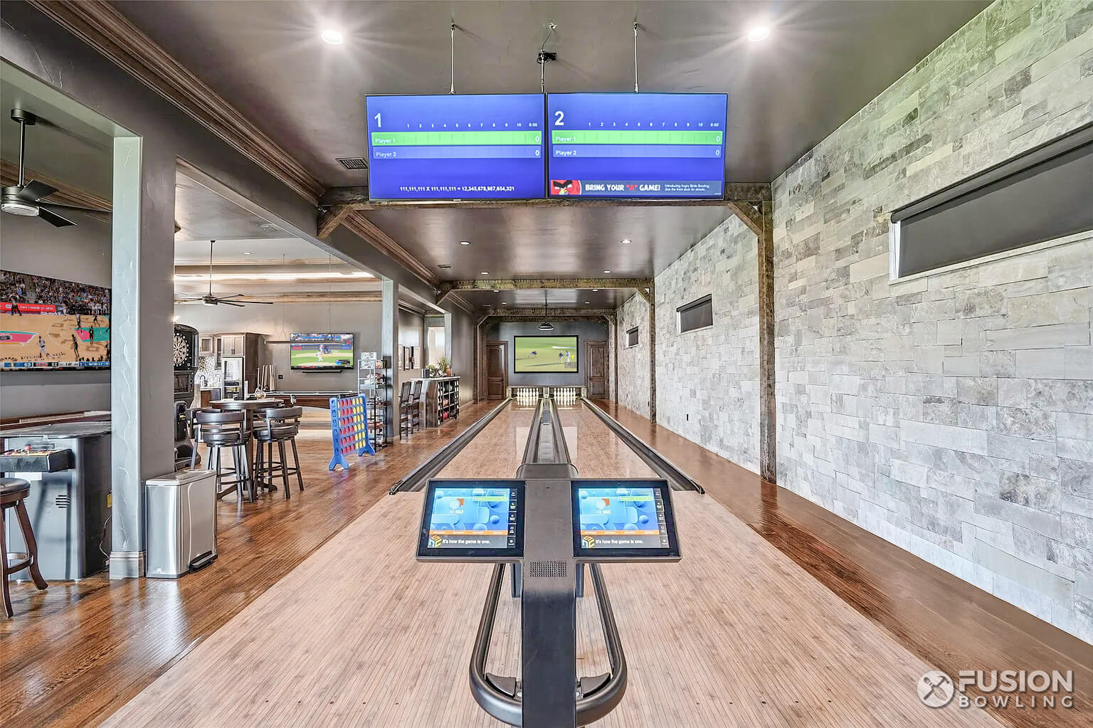 2-lane home bowling alley recreation room / gameroom / play area in Texas.