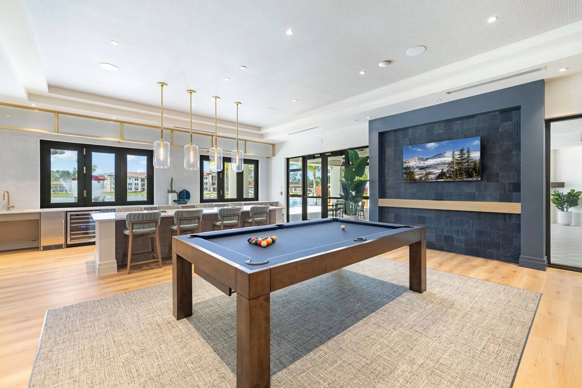 Billiards table in a leasing center for apartments.
