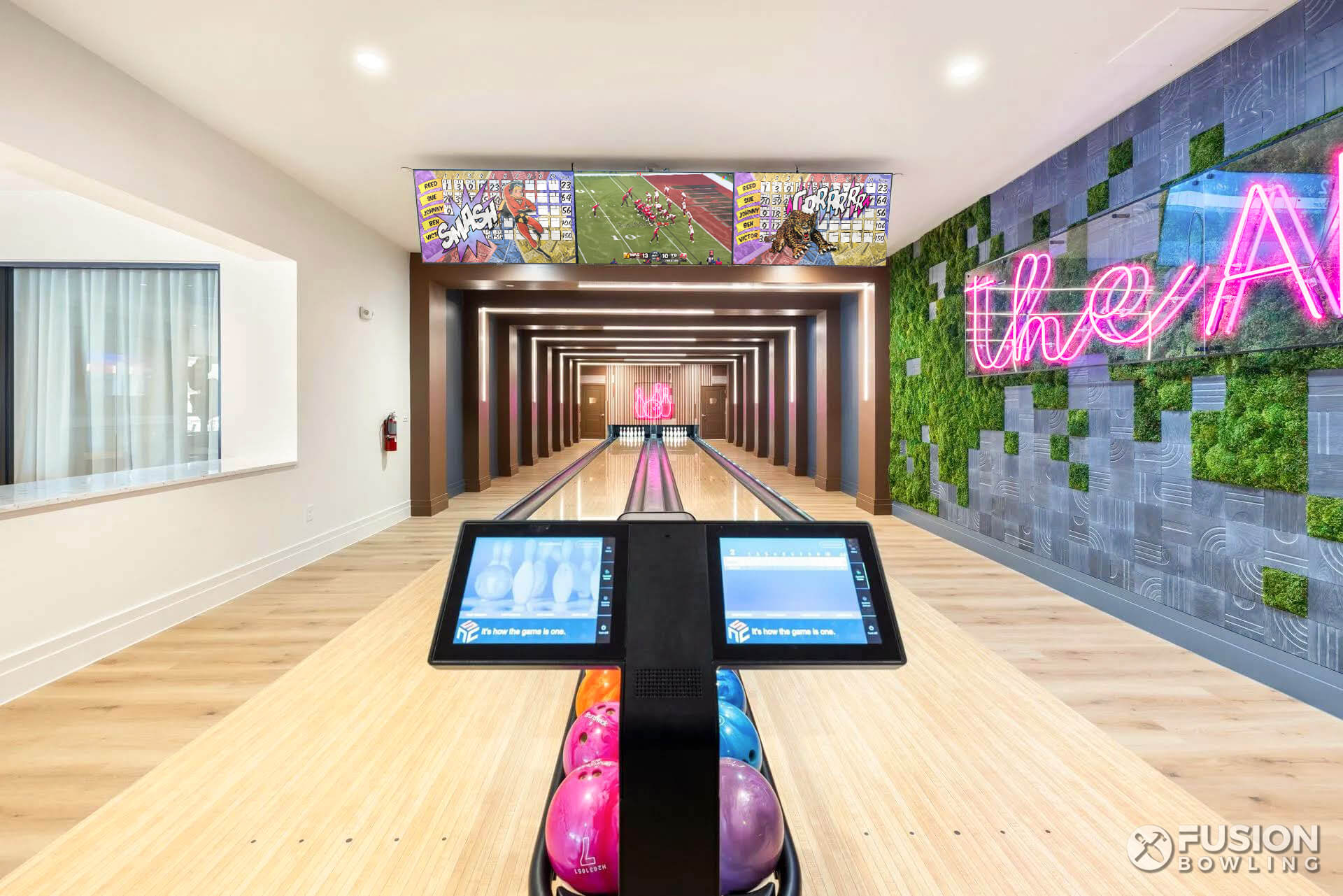 Touchscreen controls for a bowling alley.