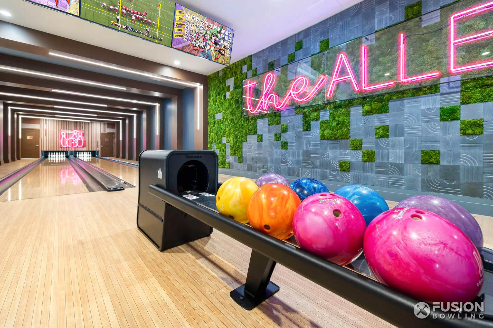 Private 2-lane bowling alley lanes in an apartment complex property's clubhouse social area.