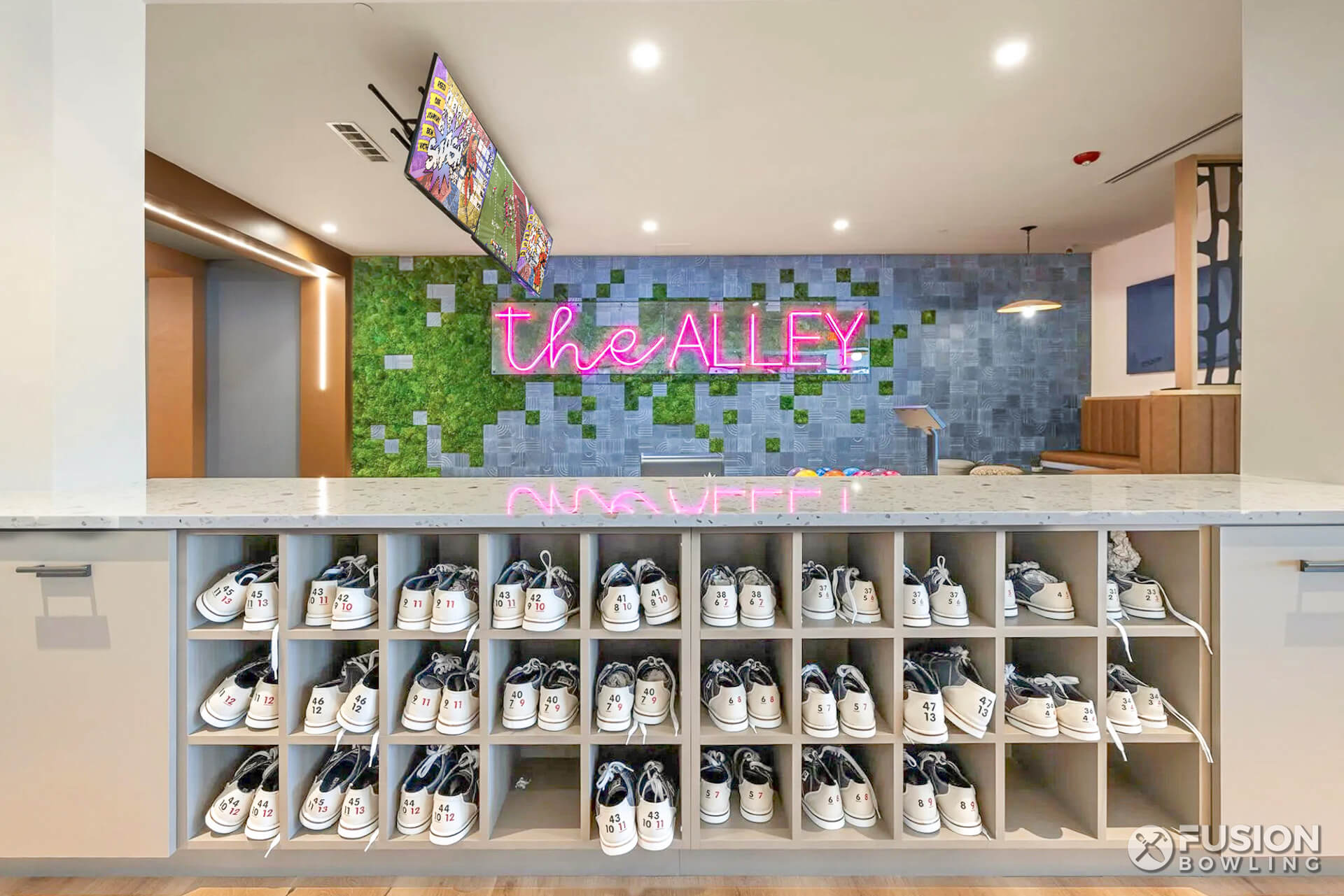 Bowling shoe cubby holes.