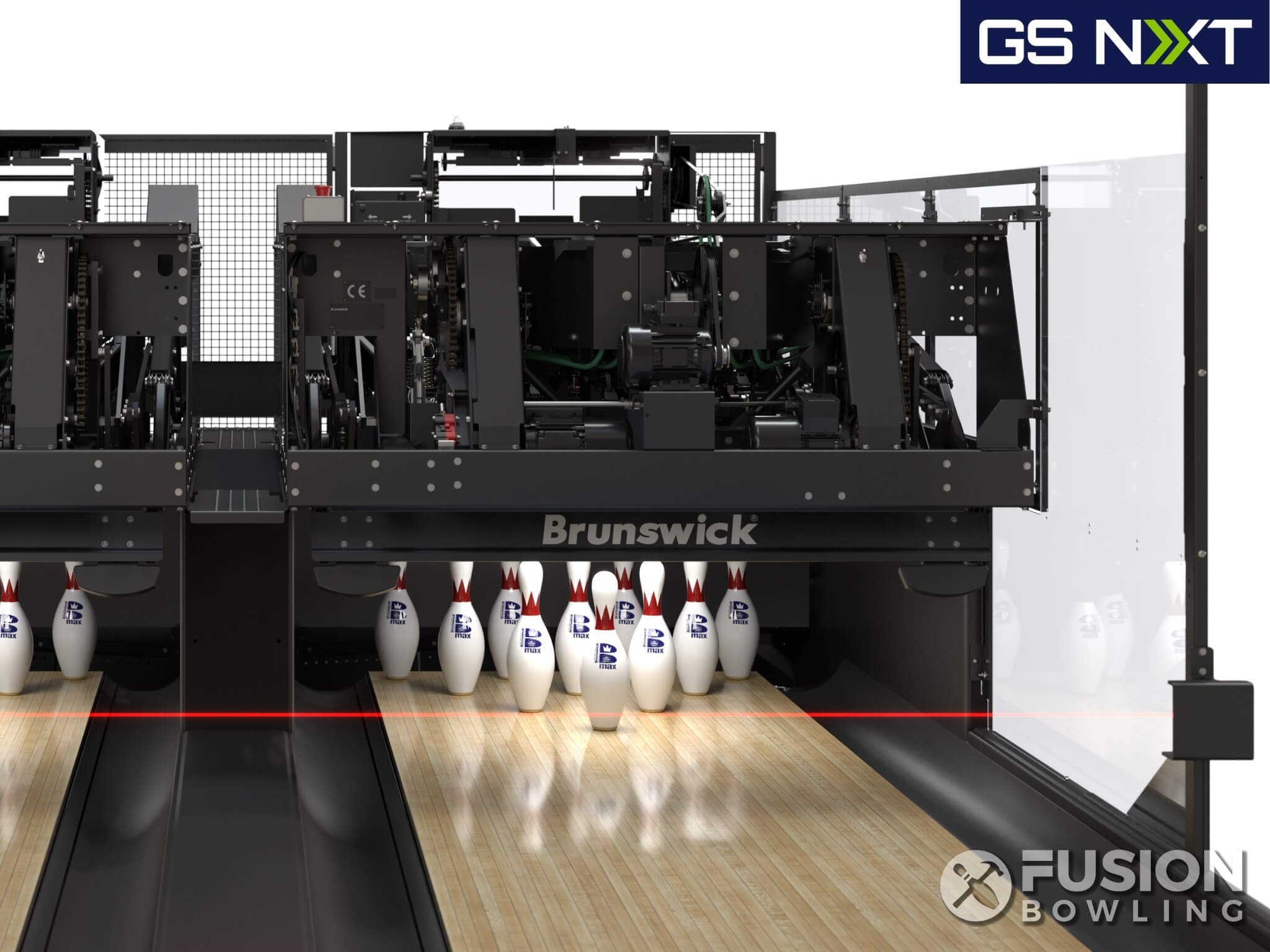 Brunswick GS-NXT™ pinsetter machine (front close-up) depicting safety beam shining across in front of the pins.