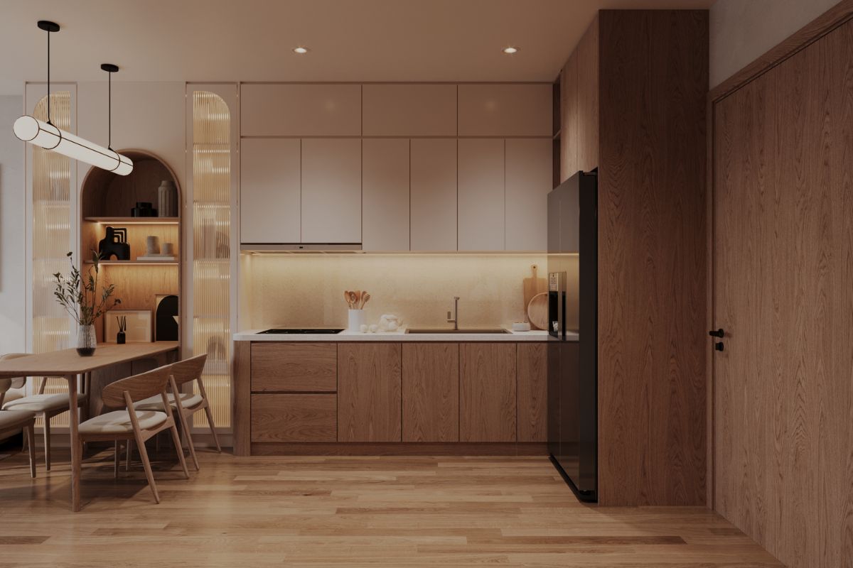 dimmed modern kitchen with laminate flooring and accents
