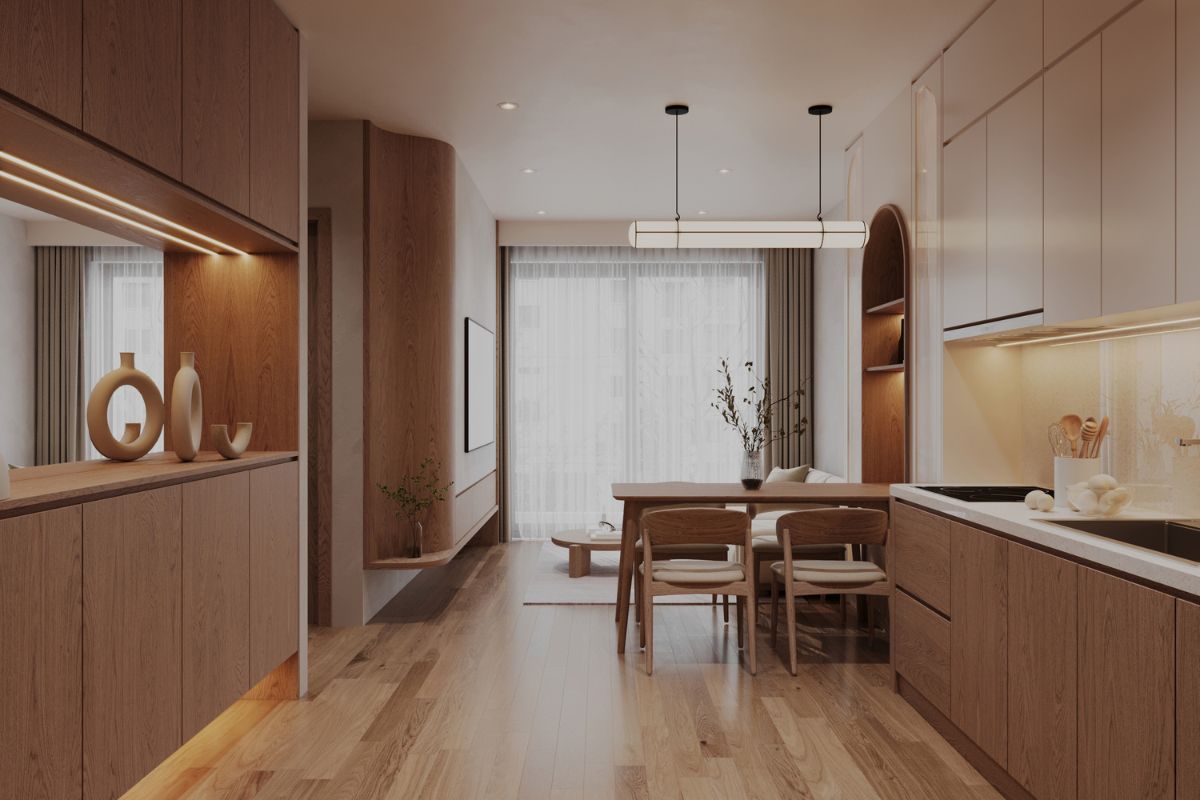 modern stylish kitchen with laminate floors and accents