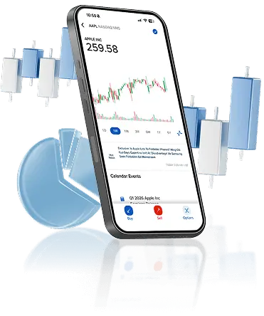Smartphone displaying Apple's stock price and chart with buy, sell, and options buttons, surrounded by floating blue and white 3D data chart elements.