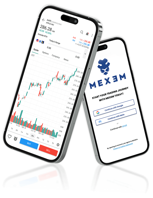 Two smartphones displaying the MEXEM trading app, one showing stock charts and the other the login screen.
