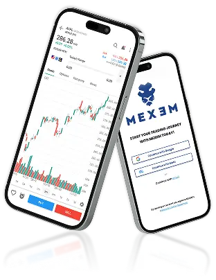 Two smartphones displaying the MEXEM trading app, one showing stock charts and the other the login screen.