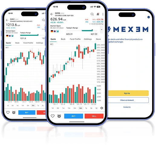 Three smartphones displaying a stock trading app with charts, stock prices, and buy/sell buttons, along with a sign-up screen for MEXEM.
