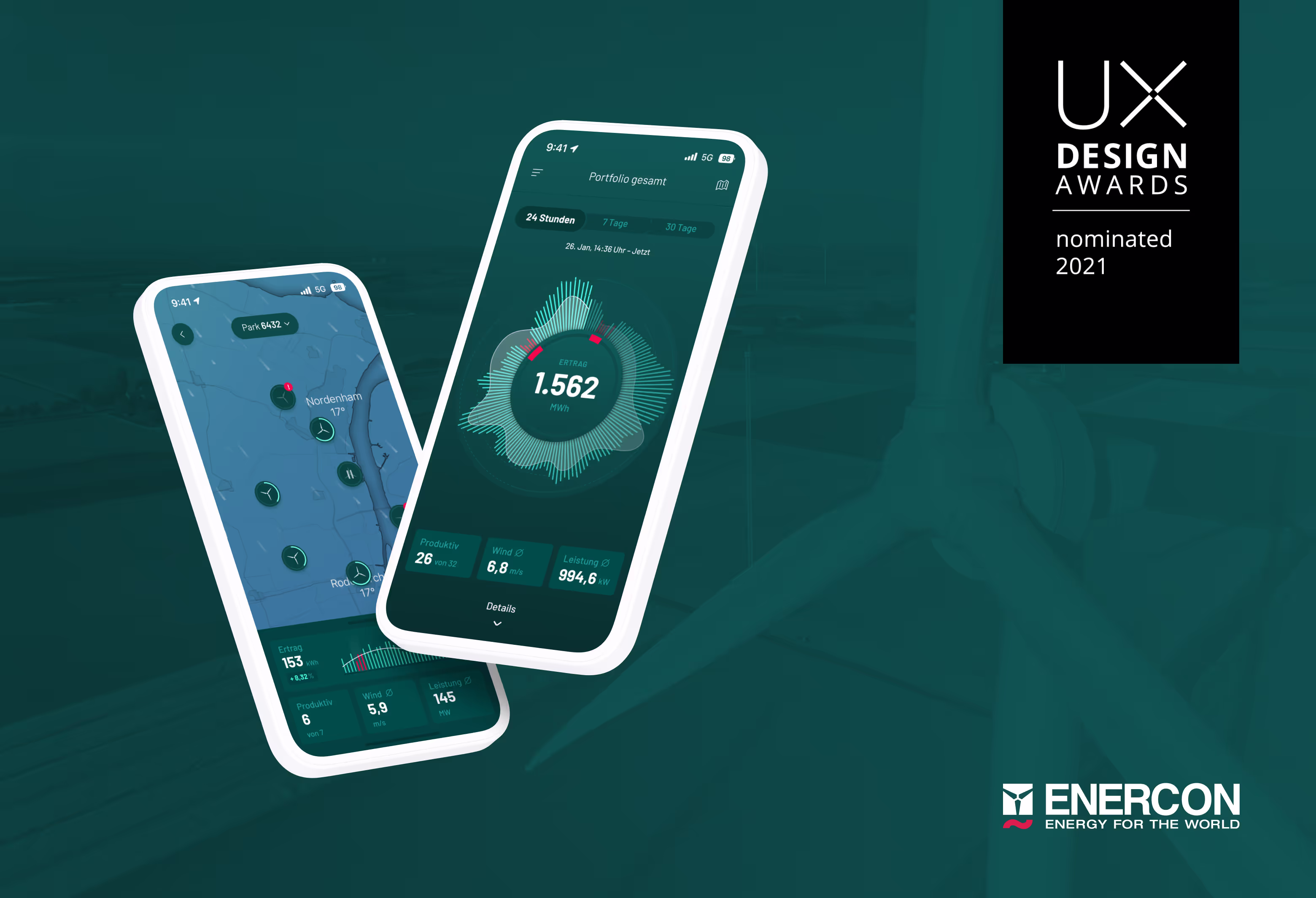 Zwei iPhone Mockups mit Screens der ENERCON SIP App mit Windrad im Hintergrund