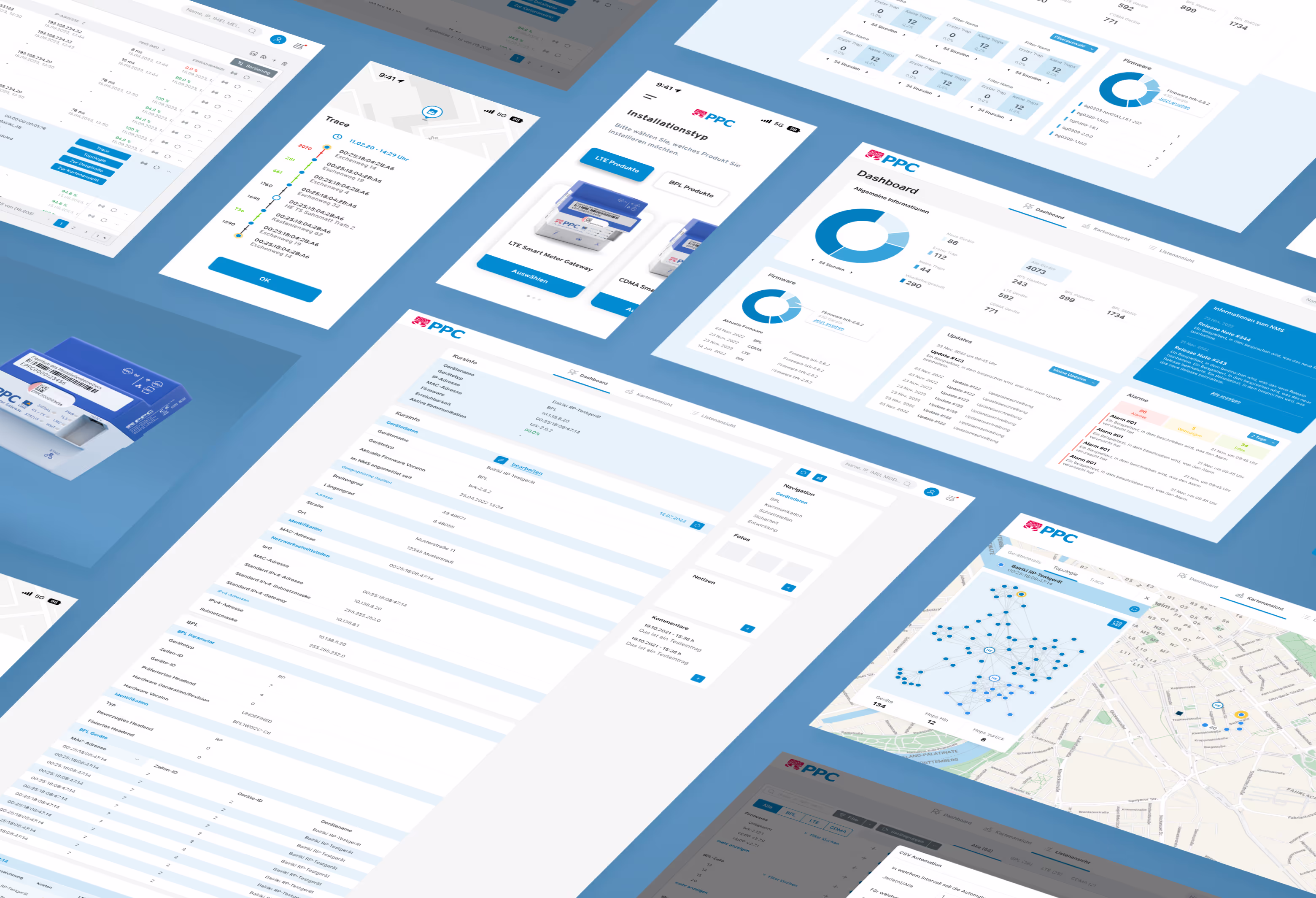 Verschiedene Screens der PPC Smart Grids App auf blauem Hintergrund