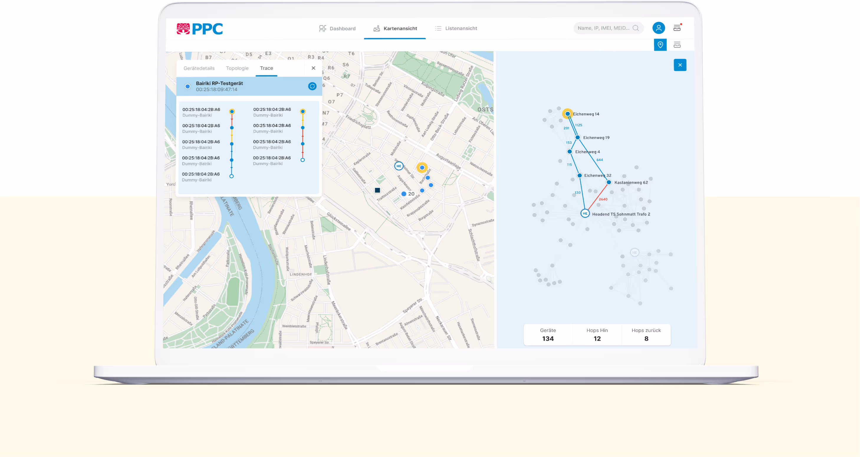 Laptop-Mockup mit der Kartenansicht des PPC Portals