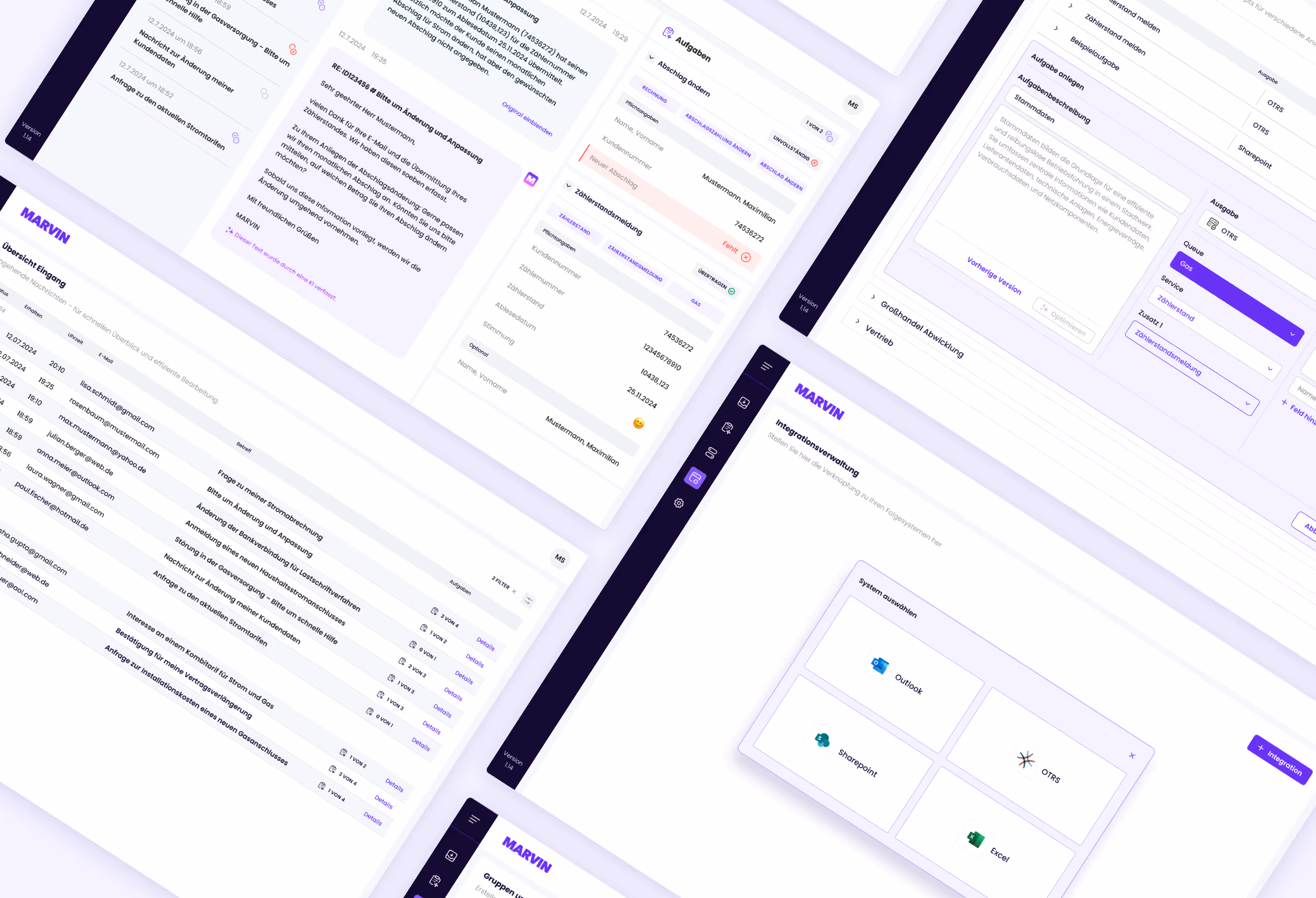 Bildschirm-Collage der Marvin-App: E-Mail-Eingang, Aufgabendetails und Integrationsverwaltung mit Outlook, SharePoint, OTRS und Excel
