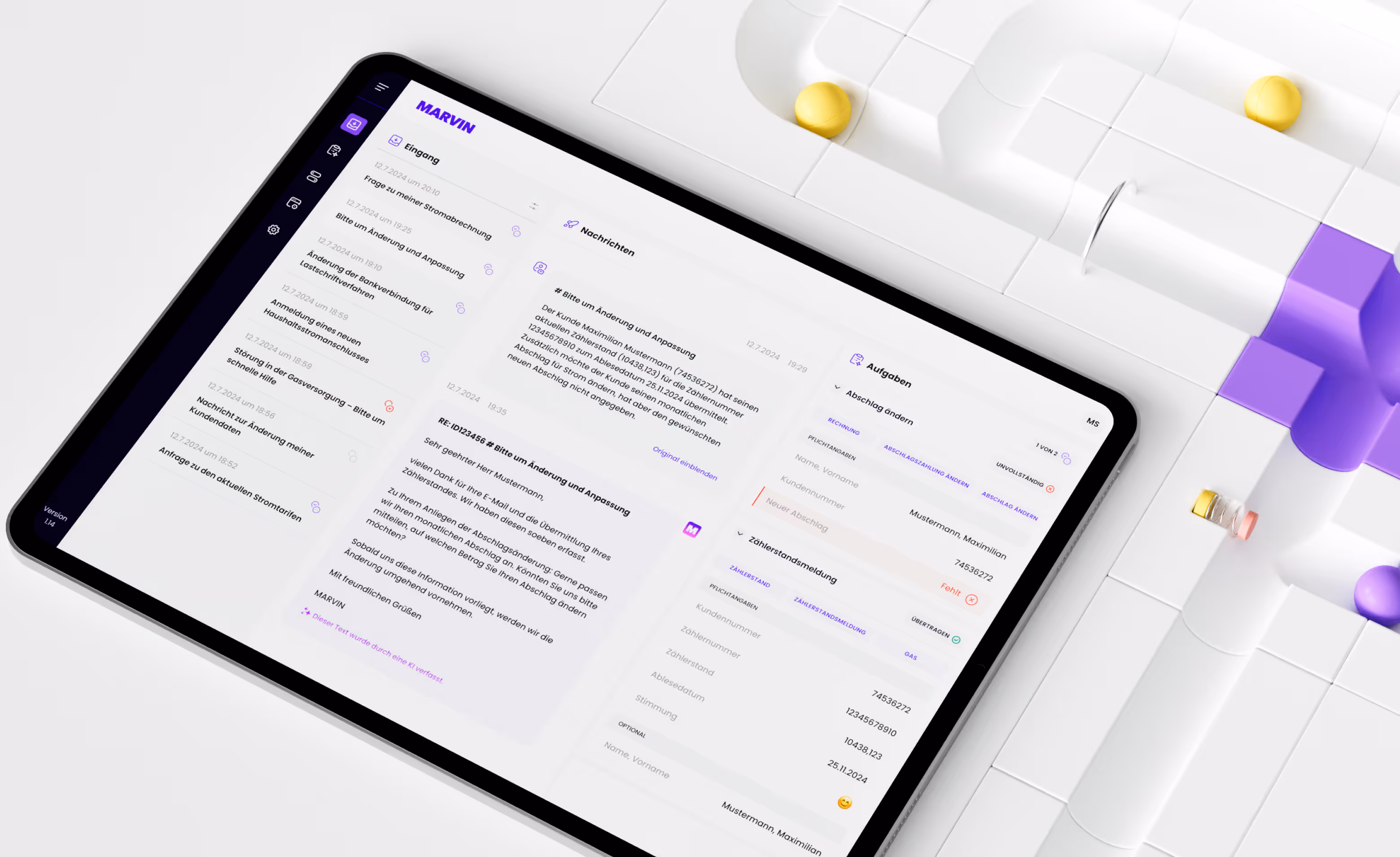 iPad-Mockup mit der Marvin-App-Oberfläche: E-Mail-Eingang zu Kundenanfragen, Nachrichtendetail und Aufgaben-Panel „Abschlag ändern“ vor abstraktem Hintergrund