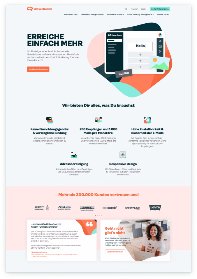 Ein Browser-Mockup mit der CleverReach Webseite