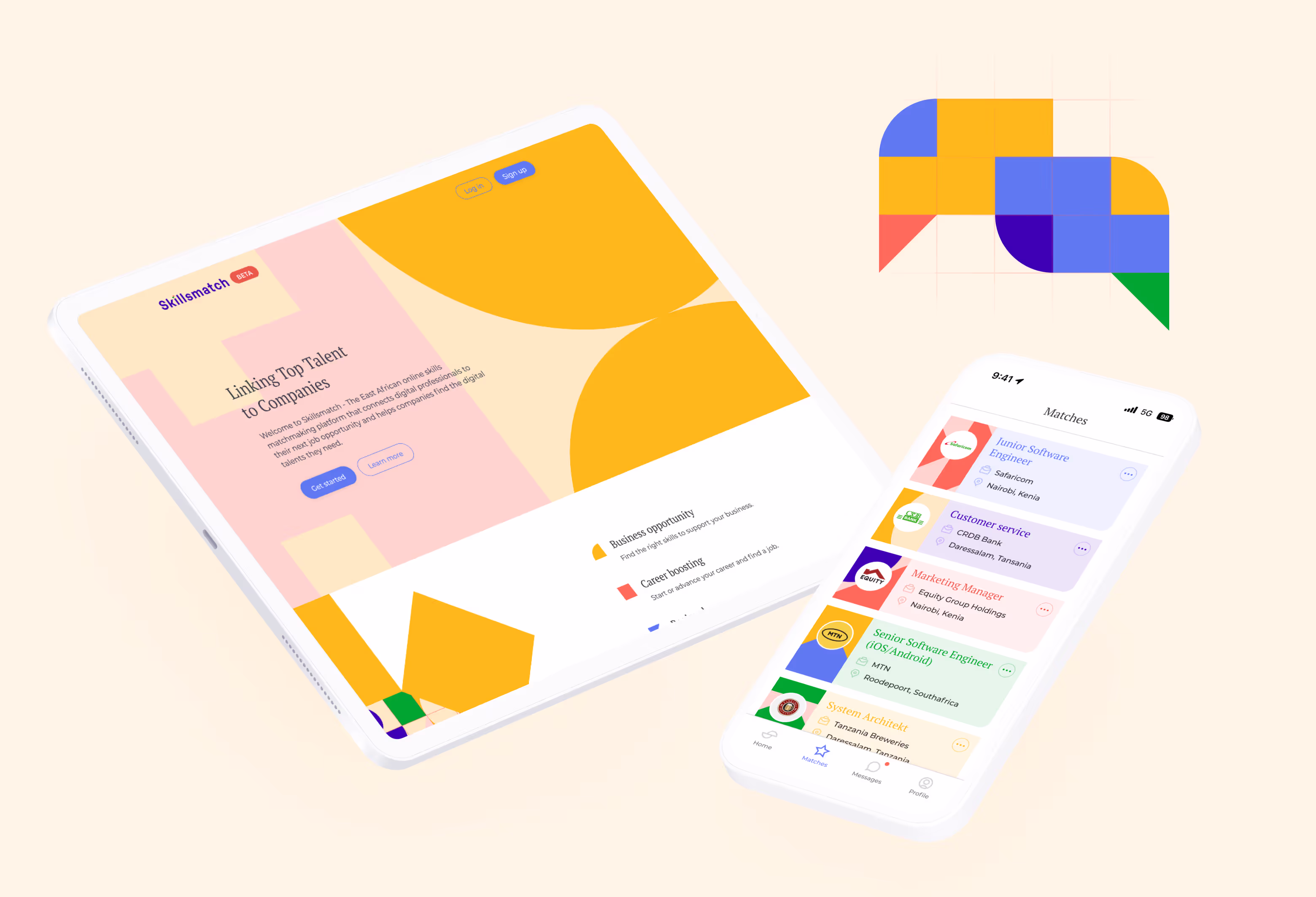 iPad und iPhone Mockups mit der Webseite von Skillsmatch auf gelbem Hintergrund