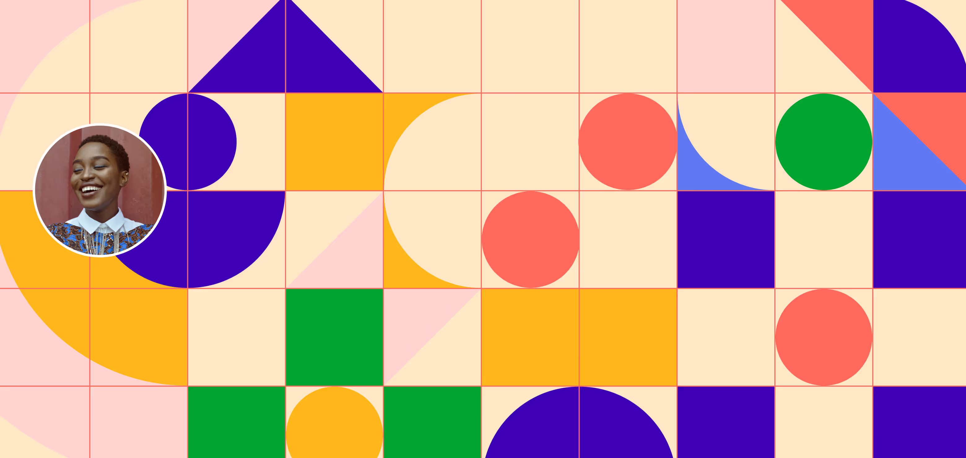Designelemente der Skillsmatch App mit lächelnder Frau und geometrischen Formen