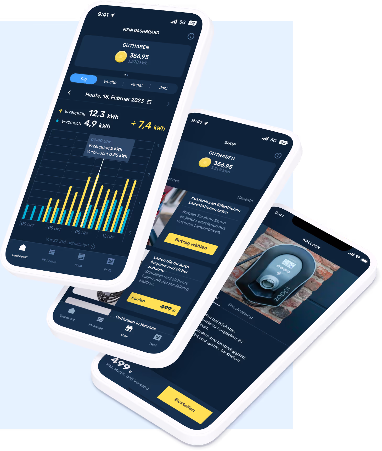 Drei iPhone Mockups mit Screens der EnerCloud App