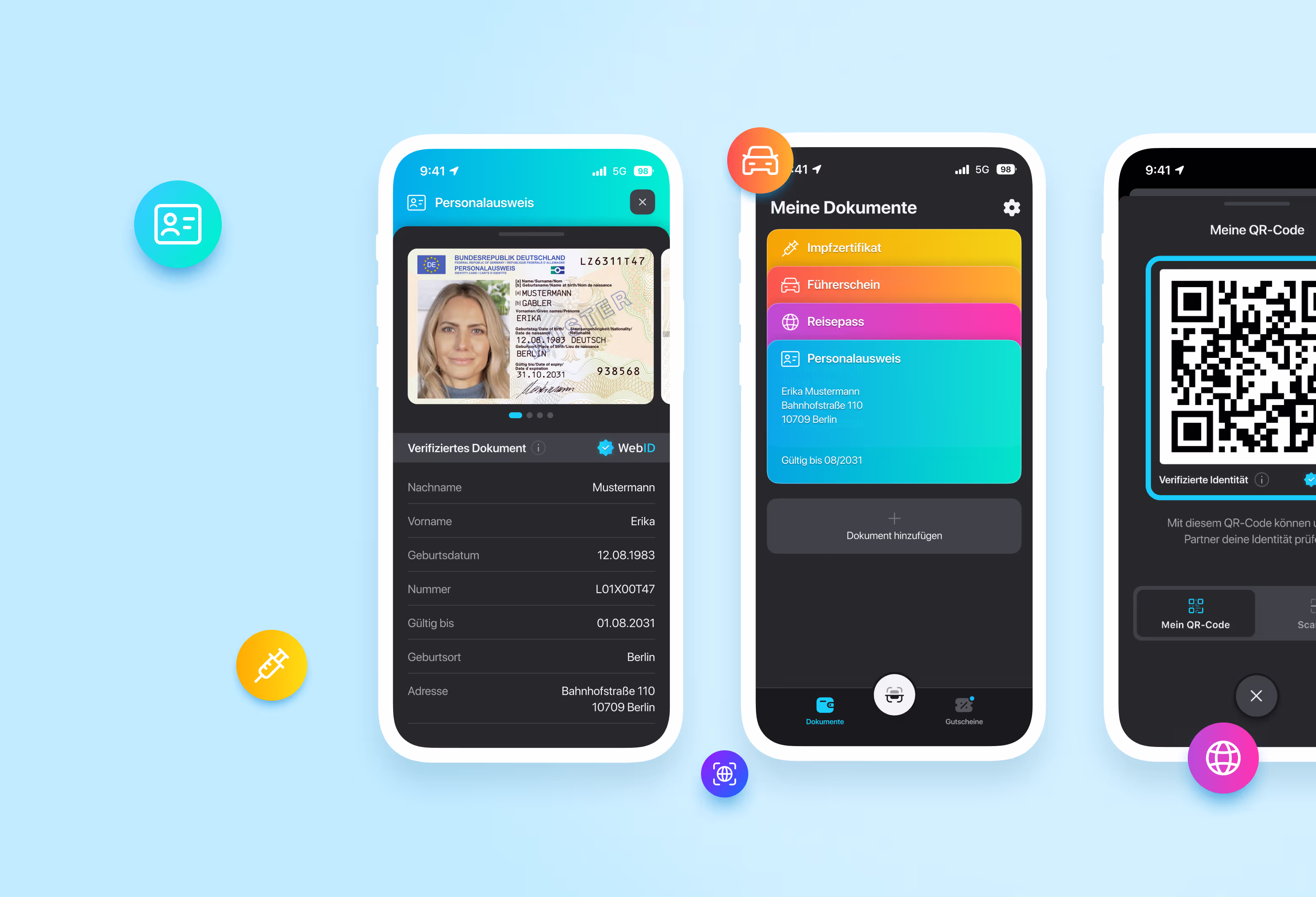 Drei iPhone Mockups mit Screens der WebID Wallet App