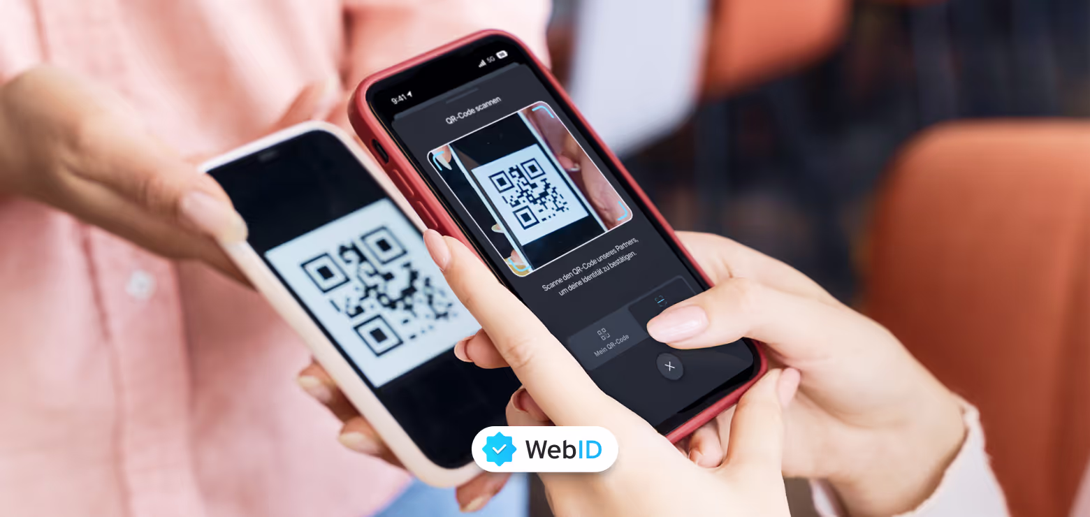 Frau hält iPhone in der Hand, um einen QR-Code von einem anderen Telefon zu scannen