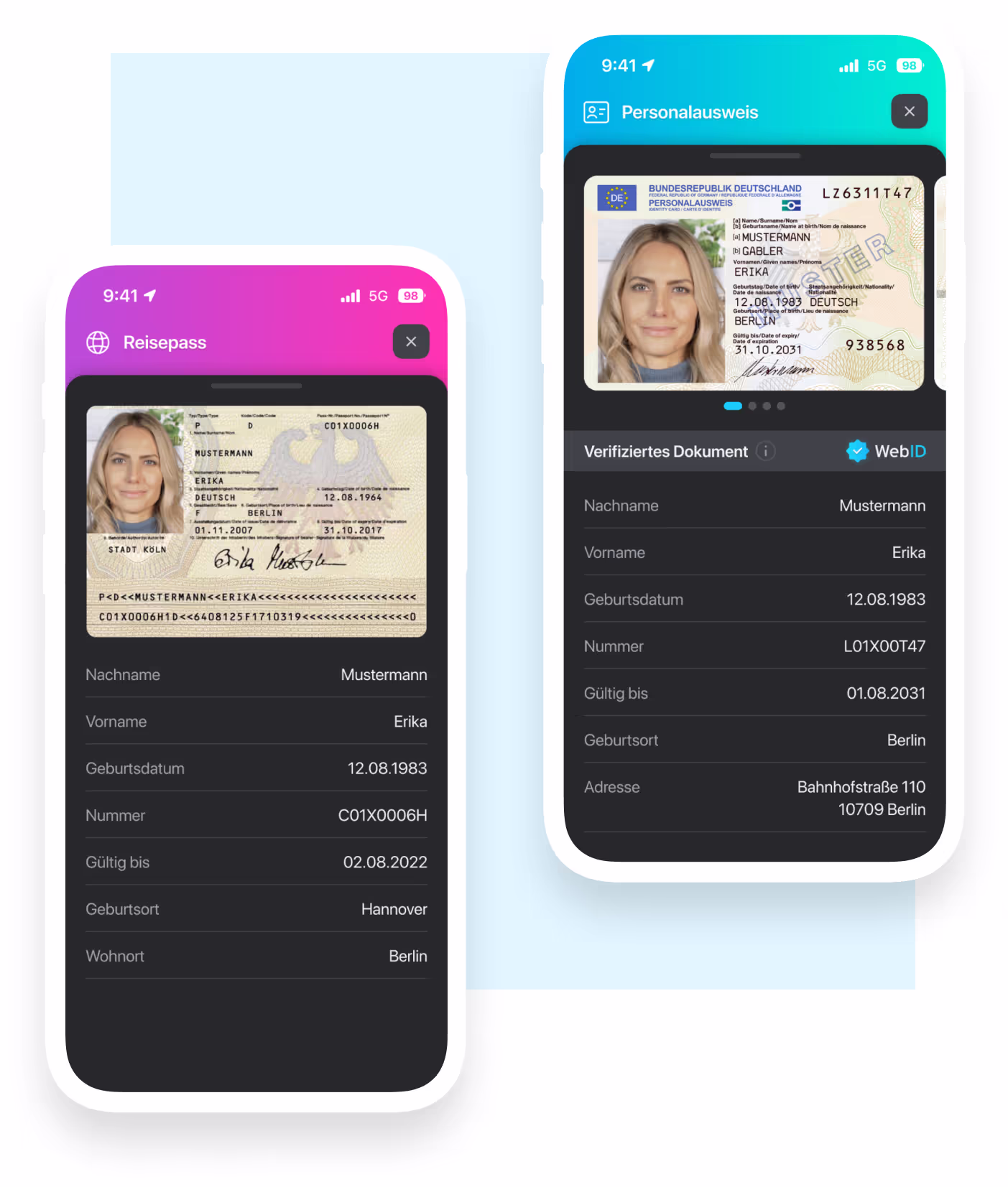 Zwei iPhone Mockups mit WebID Wallet Screen