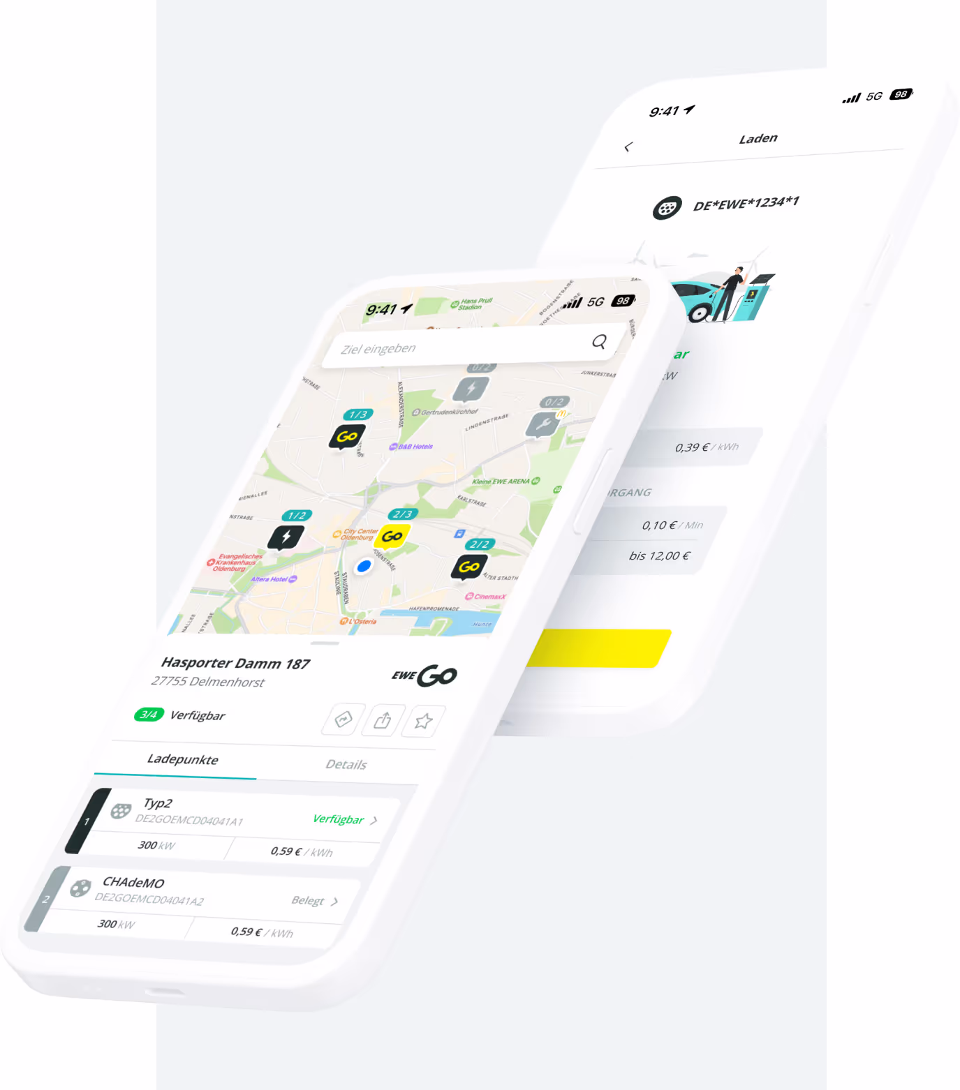 Zwei iPhone Mockups mit EWE Go App Screens