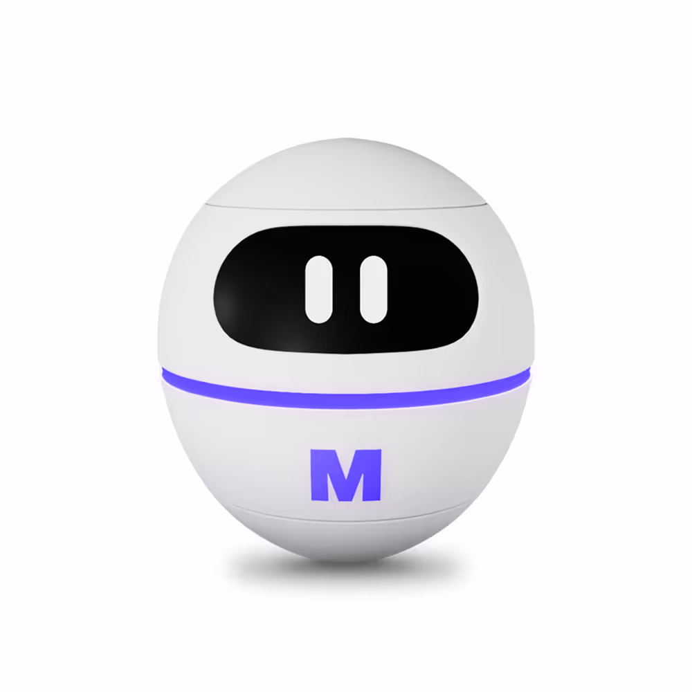 3D-Render des Marvin-Roboter-Maskottchens: weiße Kugelform mit dunklem Visier und violettem „M“-Logo