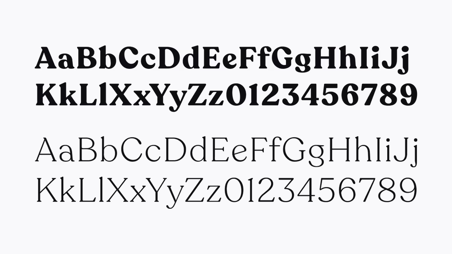 Schriftmuster Recoleta in Bold und Light: Alphabet und Zahlen