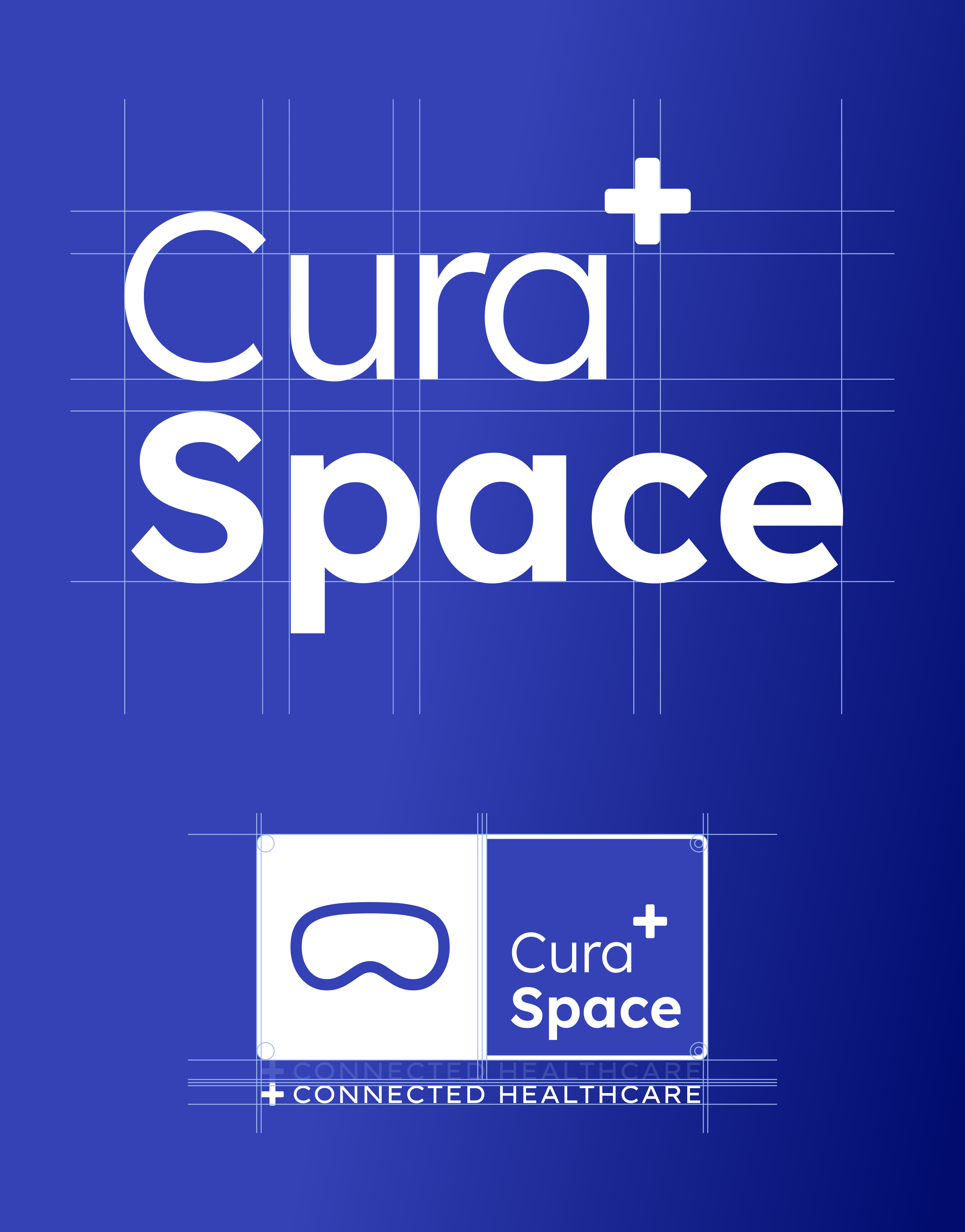 Cura-Space-Logo mit Konstruktionsraster und Logo-Herleitung „Connected Healthcare“ auf blauem Grund