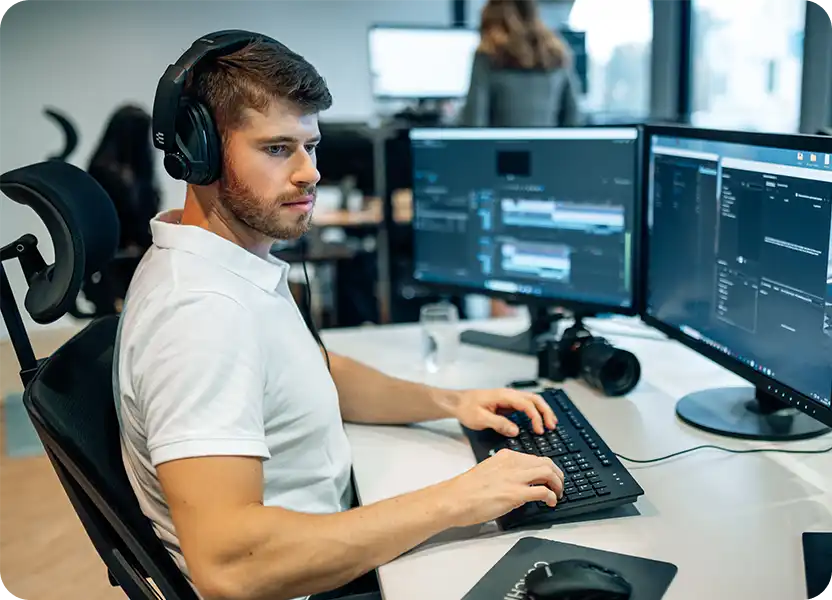 Ein Mann mit Headset sitzt an einem modernen Arbeitsplatz mit zwei großen Monitoren und bearbeitet Videomaterial. Er trägt ein weißes Poloshirt, wirkt konzentriert und vor ihm liegt eine Kamera – vermutlich arbeitet er an einem Schnittprojekt.