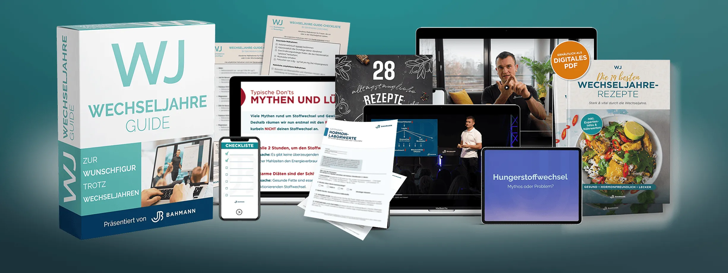 Sammlung digitaler und gedruckter Materialien, darunter eine Wechseljahre-Guide-Box, eine Checkliste für Smartphones, ein Rezeptbuch und Videos auf Laptops und Tablets zum Thema Gesundheit und Ernährung in den Wechseljahren.