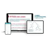 Drei Geräte (Smartphone, Tablet und Laptop) zeigen Diagramme und Texte in deutscher Sprache zum Thema Gesundheit und Stoffwechsel an.