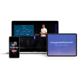 Smartphone, Tablet und Fernseher, auf denen Videoinhalte mit einer sprechenden Person und Text in deutscher Sprache angezeigt werden.