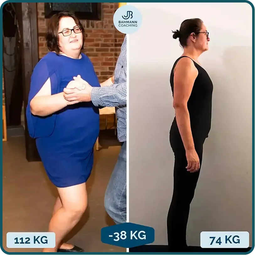 Neben-neben-Fotos einer Frau vor und nach einer Gewichtsabnahme von 38 kg, die einen deutlichen Gewichtsverlust zeigen 