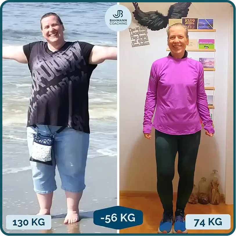 Neben-neben-Fotos einer Frau vor und nach einer GewichtsNeben-neben-Fotos einer Frau vor und nach einer Gewichtsabnahme von 56 kg, die einen deutlichen Gewichtsverlust zeigen abnahme von 14 kg, die einen deutlichen Gewichtsverlust zeigen 