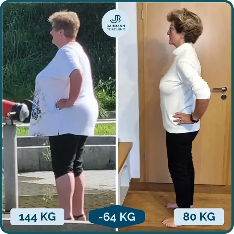 Neben-neben-Fotos einer Frau vor und nach einer Gewichtsabnahme von 64 kg, die einen deutlichen Gewichtsverlust zeigen 