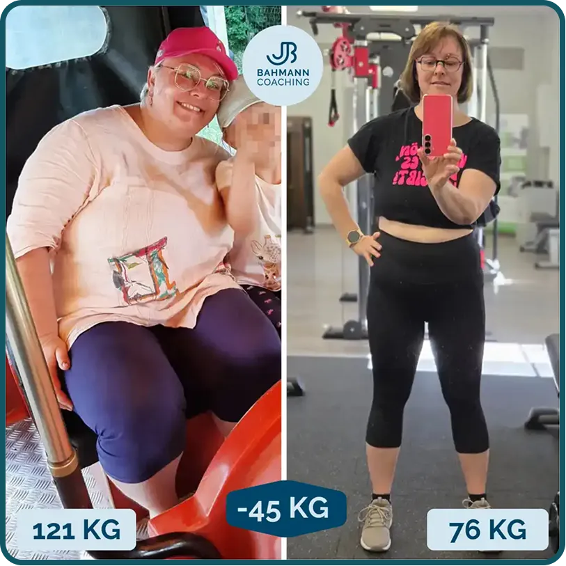 Neben-neben-Fotos einer Frau vor und nach einer Gewichtsabnahme von 45 kg, die einen deutlichen Gewichtsverlust zeigen 