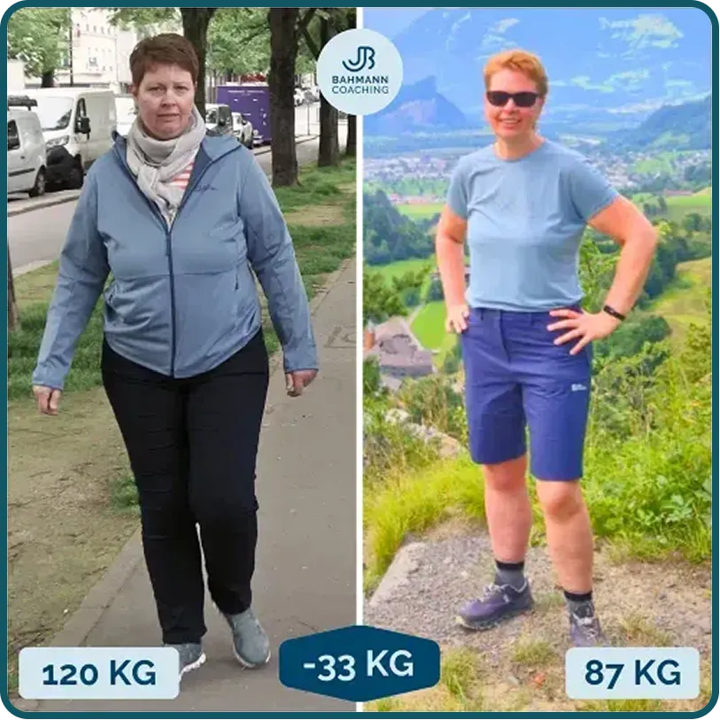 Neben-neben-Fotos einer Frau vor und nach einer Gewichtsabnahme von 33 kg, die einen deutlichen Gewichtsverlust zeigen 
