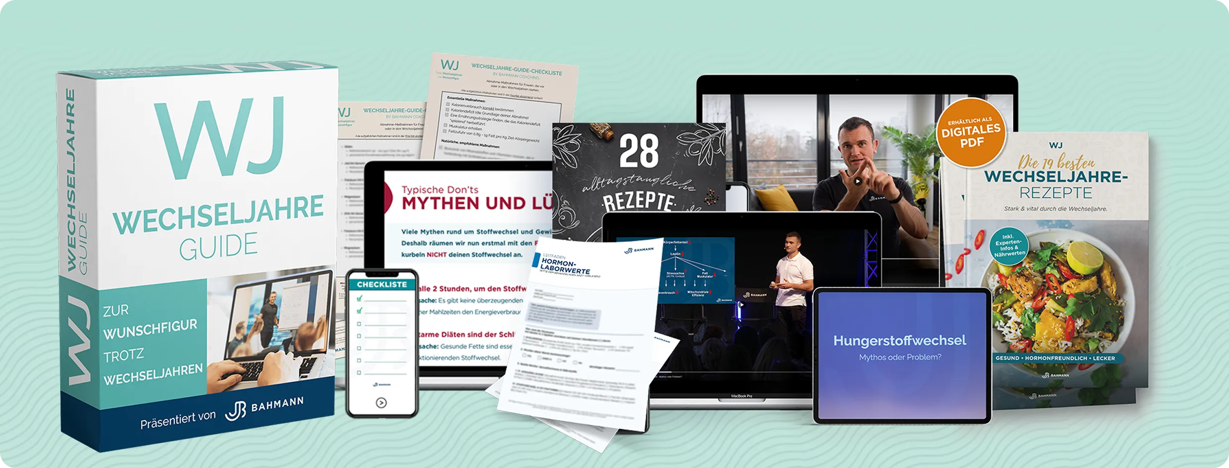 Sammlung digitaler und gedruckter Materialien, darunter ein Leitfaden, Checklisten, ein Rezeptheft und Video-Tutorials zum Thema Menopause und Stoffwechselberatung.