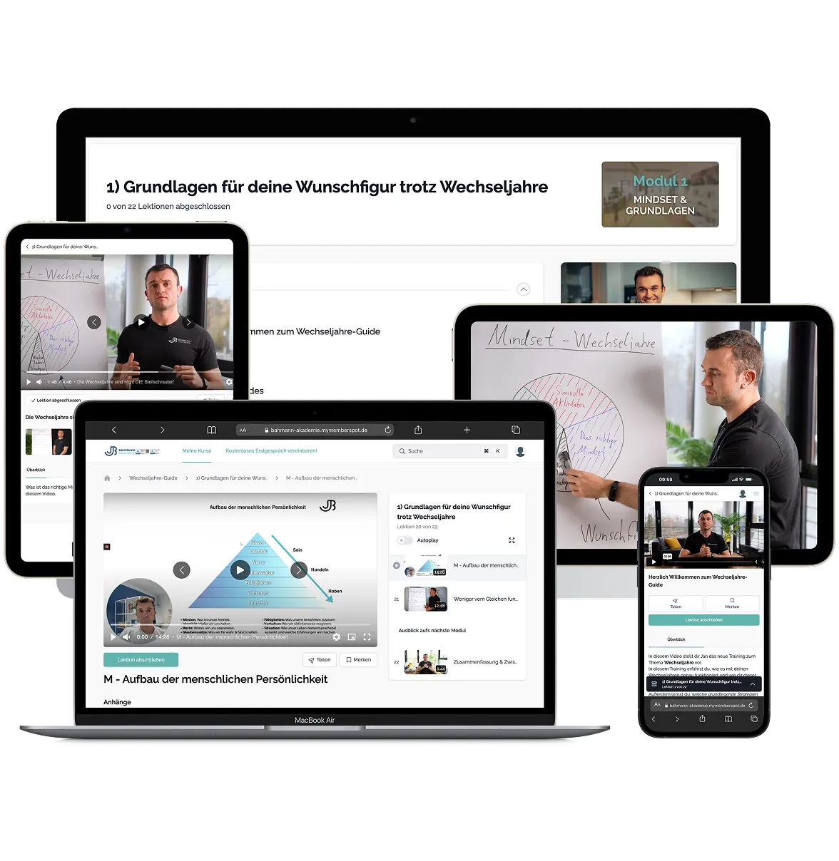 Mehrere Geräte, darunter ein MacBook Air, ein Tablet und ein Smartphone, auf denen eine Online-Kurs-Oberfläche in deutscher Sprache zum Thema Denkweise und Persönlichkeitsentwicklung in den Wechseljahren angezeigt wird.