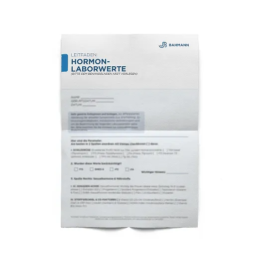 Gedruckter medizinischer Leitfaden mit dem Titel „Leitfaden: Hormon-Laborwerte” mit dem Bahmann-Logo, der Anweisungen und Kontrollkästchen zu Hormon-Laborergebnissen enthält.