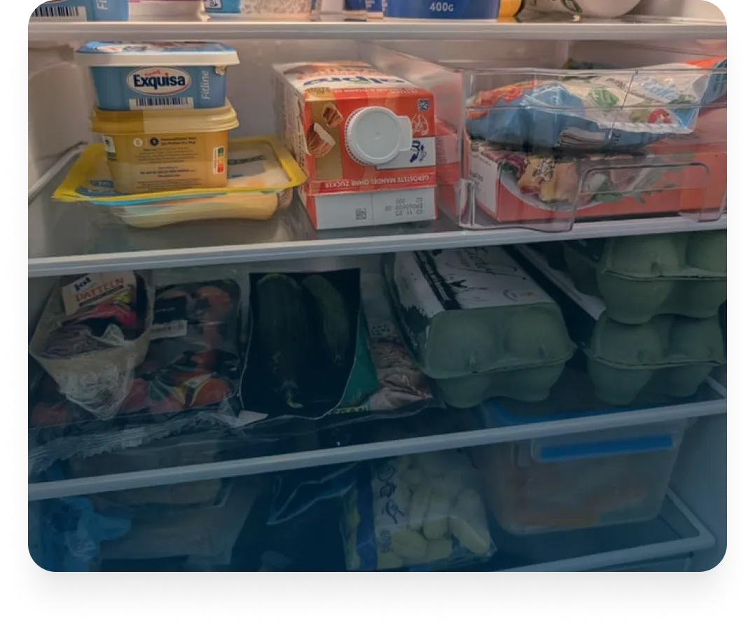 Offene Kühlschrankregale mit Milchprodukten, Eierkartons, verpacktem Gemüse und anderen verschiedenen Lebensmitteln.