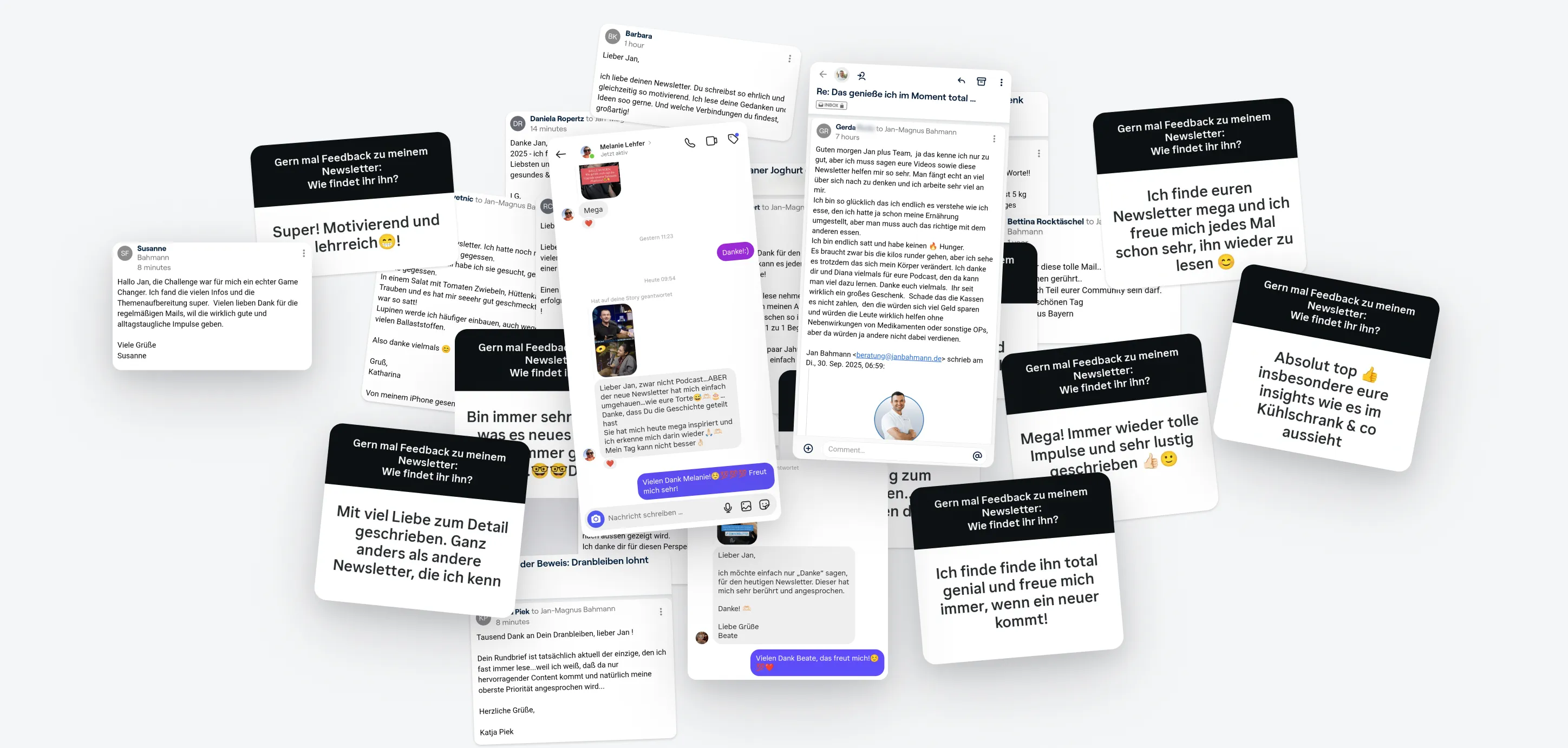 Eine Collage aus deutschsprachigen Feedback-Nachrichten und Kommentaren, die einen Newsletter loben, dargestellt als Sprechblasen und E-Mail-Ausschnitte.