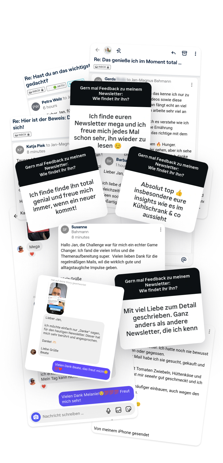 Collage aus deutschen E-Mail- und Social-Media-Nachrichten, in denen ein Newsletter mit positivem Feedback und Dankesworten gelobt wird.