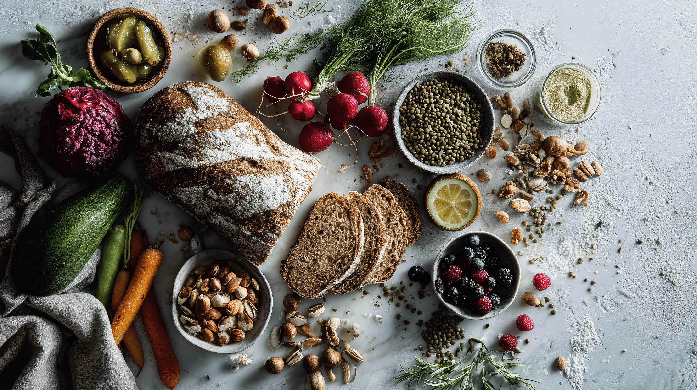 Ein Flat Lay mit erlaubten Lebensmitteln für die Louwen-Diät: Vollkorn, Gemüse, Nüsse und Beeren – Konzept von Jan Bahmann Coaching.