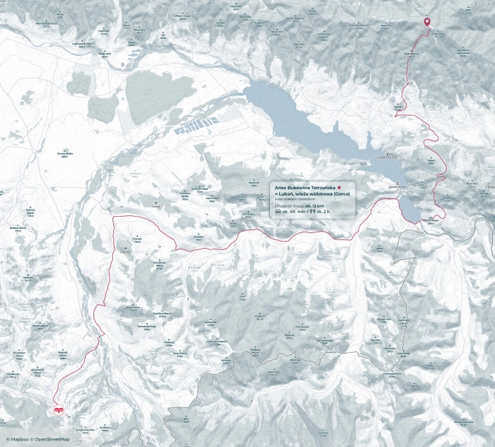 Mapa trasy na Lubań w Gorcach z Aries Residence Bukowina Tatrzańska