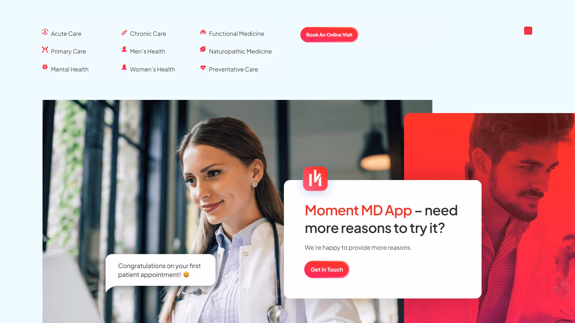 Smiling female doctor in front of a computer with a message saying: “Congratulations on your first patient appointment! 😊”. Next to her, a promotional message for the Moment MD app alongside a red-toned portrait of a man.