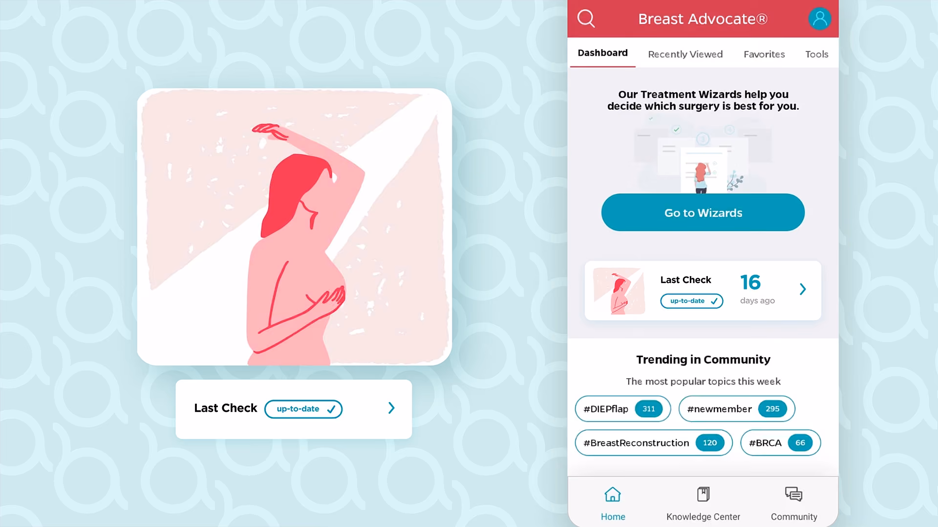 Illustration of a woman doing a breast self-exam next to the Breast Advocate app interface showing last check and trending topics.