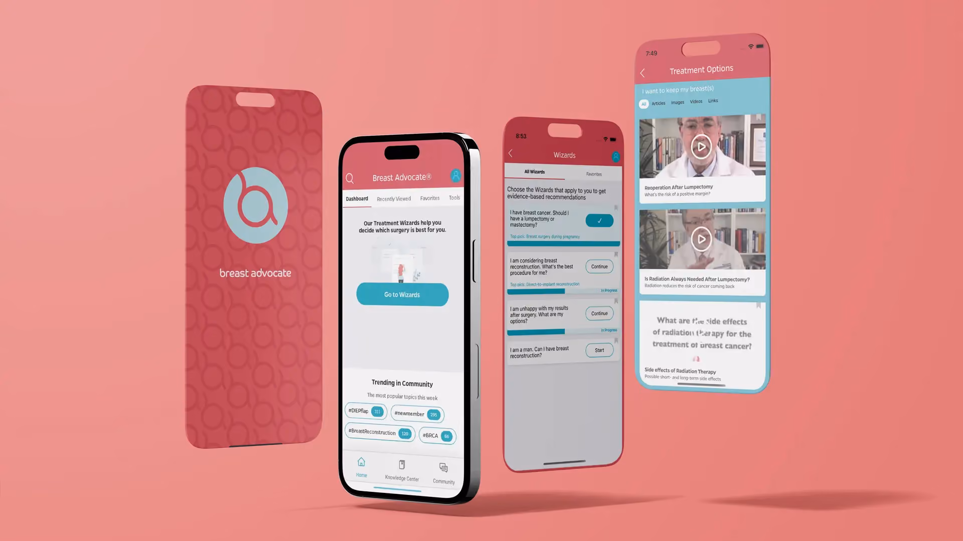 View of multiple phones displaying Breast Advocate app screens with treatment options, educational videos, and interactive tools.