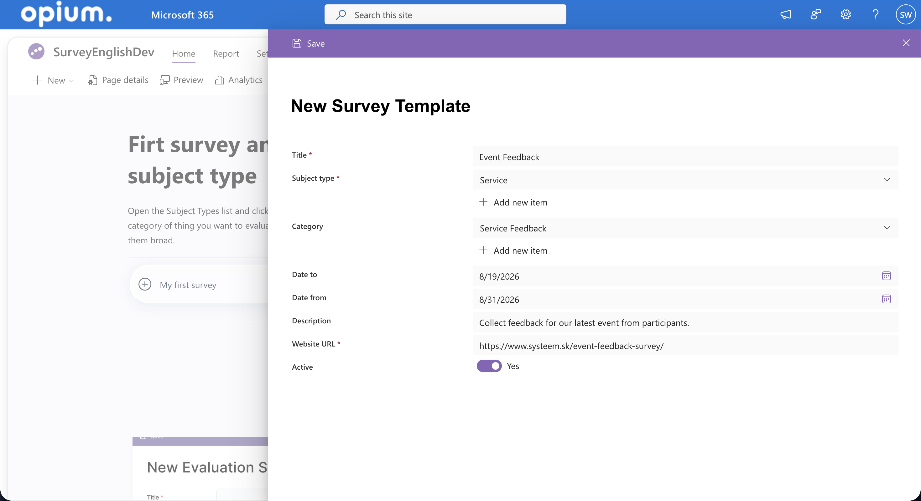Creating a new survey template in the Survey App in SharePoint