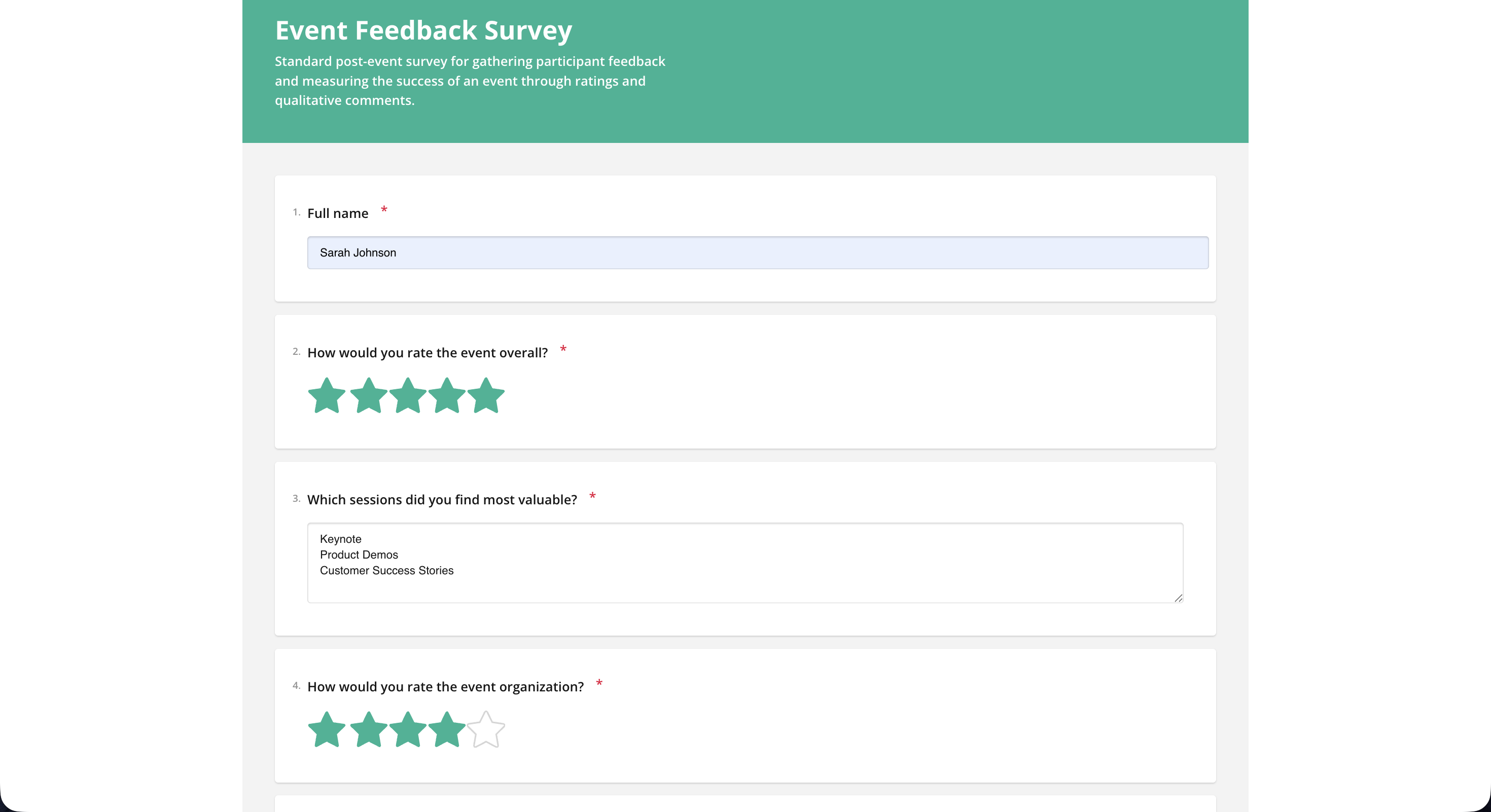 A public survey page with star ratings, answered by a respondent